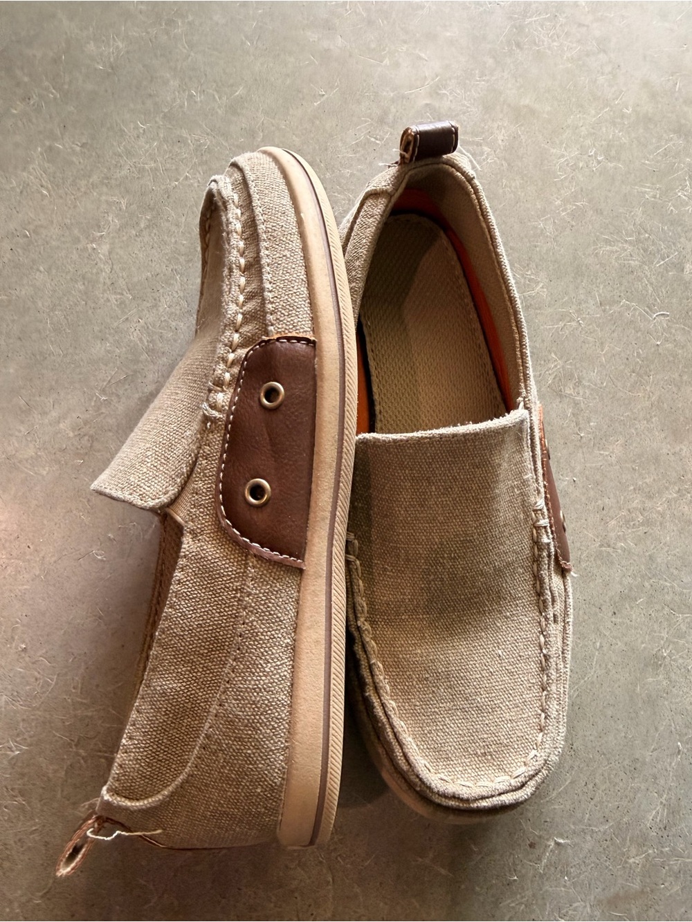 Kids Beige Slip-On Loafers Boat Dress Shoes with Brown Leather Accents